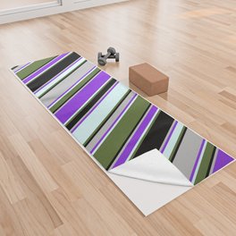 [ Thumbnail: Colorful Dark Olive Green, Light Cyan, Purple, Grey, and Black Colored Lined/Striped Pattern Yoga Towel ]