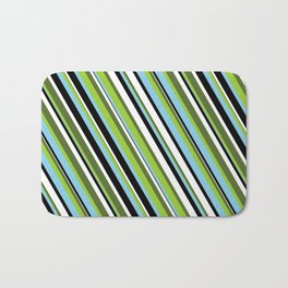 [ Thumbnail: Eye-catching Dark Olive Green, Green, Sky Blue, Black & White Colored Stripes/Lines Pattern Bath Mat ]