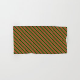 [ Thumbnail: Sienna & Dark Green Colored Striped Pattern Hand & Bath Towel ]