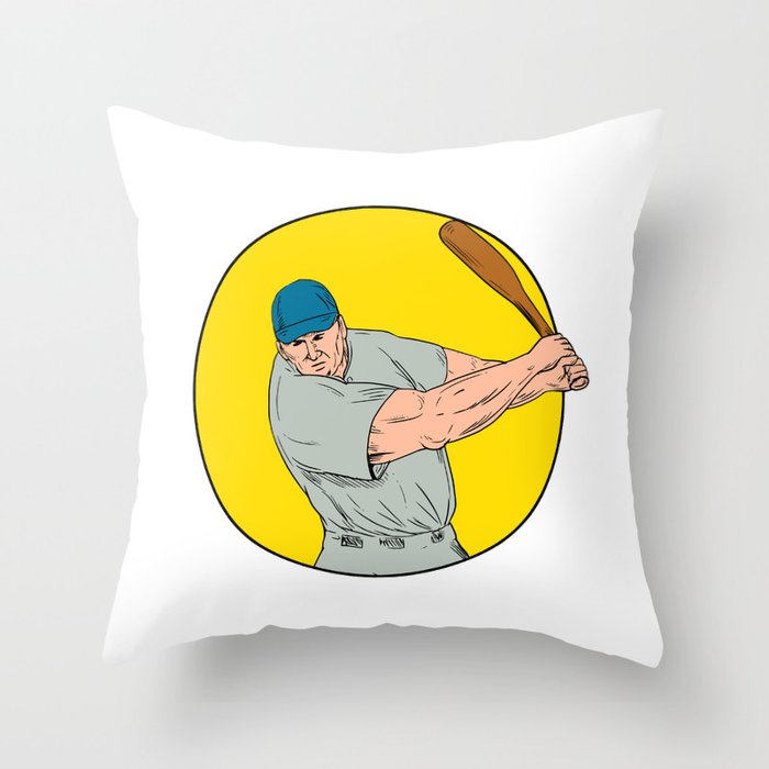 Baseball Player Swinging Bat Drawing Throw Pillow
