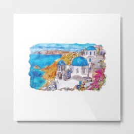 Santorini Island, Greece | Cyclades Islands | Mediterranean Sea | Greek IslandsWatercolor Sketch Paint 02 Metal Print