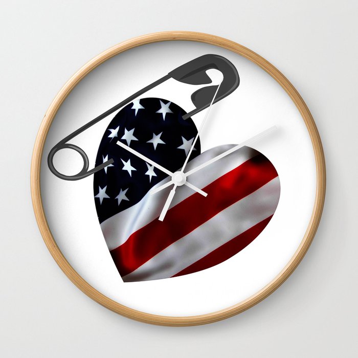 American Flag Heart Safety Pin Wall Clock By Umeimages Society6