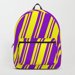 [ Thumbnail: Yellow & Dark Violet Colored Lined Pattern Backpack ]