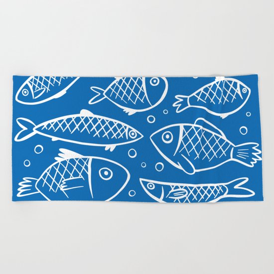 Fish blue white Beach Towel