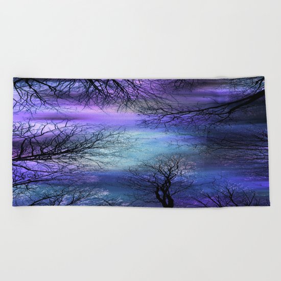 Black Trees Purple Blue Abstract Sky Beach Towel