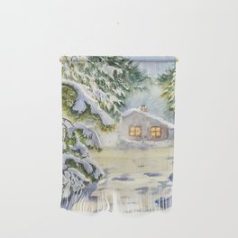 Winter Hut Watercolour Painting by Monika Wall Hanging