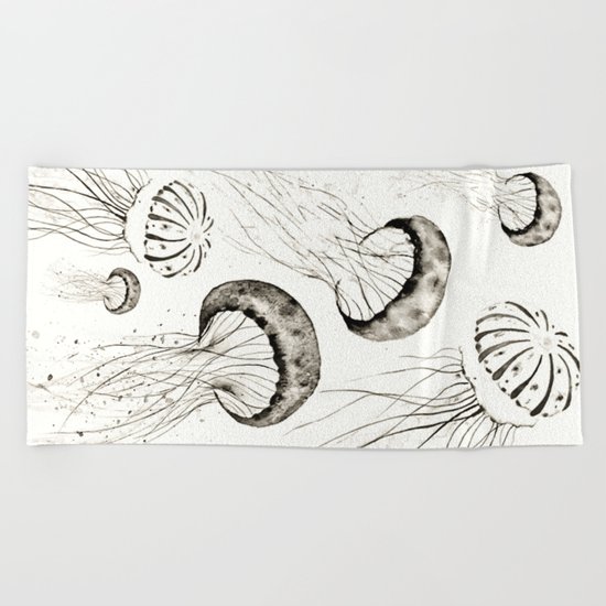 jelly fishes black and white Beach Towel