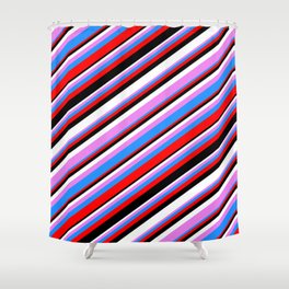 [ Thumbnail: Eyecatching Violet, Blue, Red, Black & White Colored Lines Pattern Shower Curtain ]