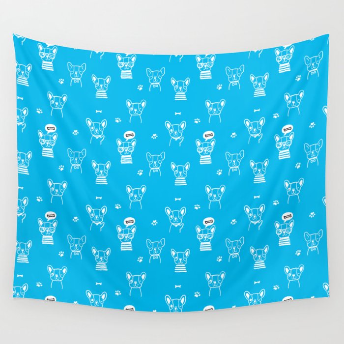 Turquoise and White Hand Drawn Dog Puppy Pattern Wall Tapestry