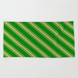 [ Thumbnail: Green & Dark Khaki Colored Lines Pattern Beach Towel ]
