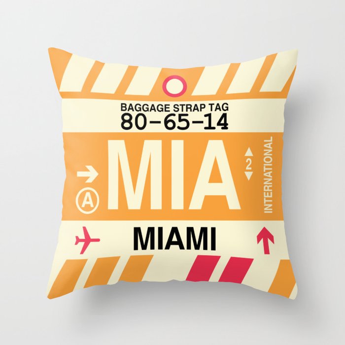 MIA Miami • Airport Code and Vintage Baggage Tag Design Throw Pillow