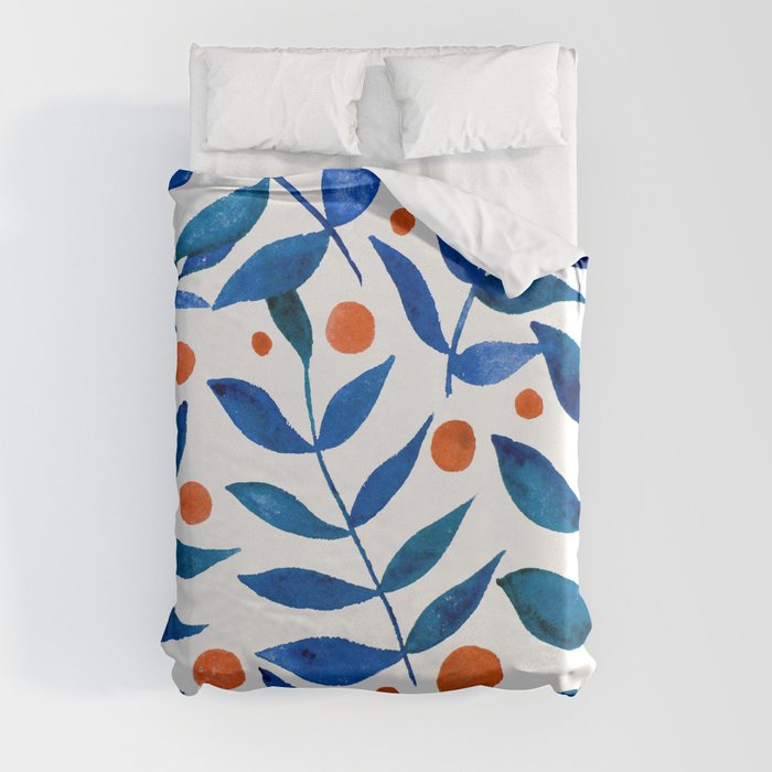 Watercolor berries and branches - blue and orange Duvet Cover