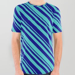 [ Thumbnail: Dark Blue & Turquoise Colored Striped/Lined Pattern All Over Graphic Tee ]
