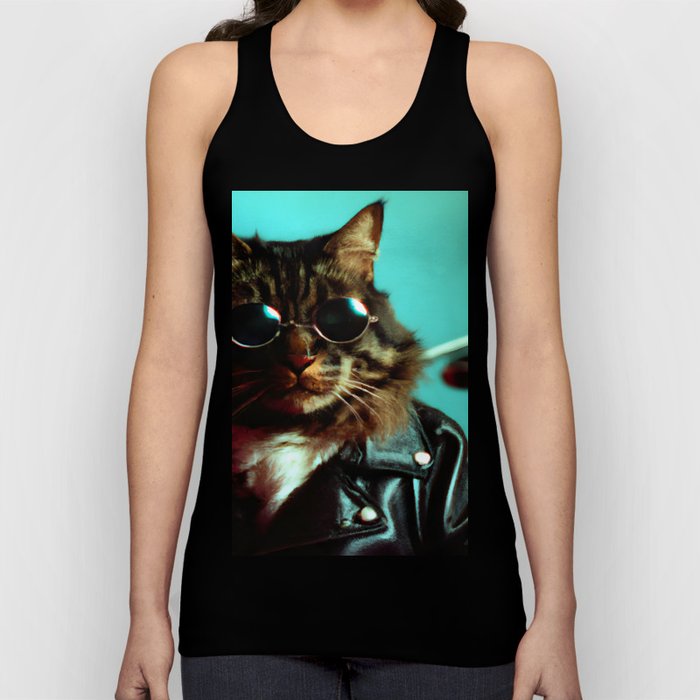 Badass cat wearing sunglasses and a leather jacket Tank Top