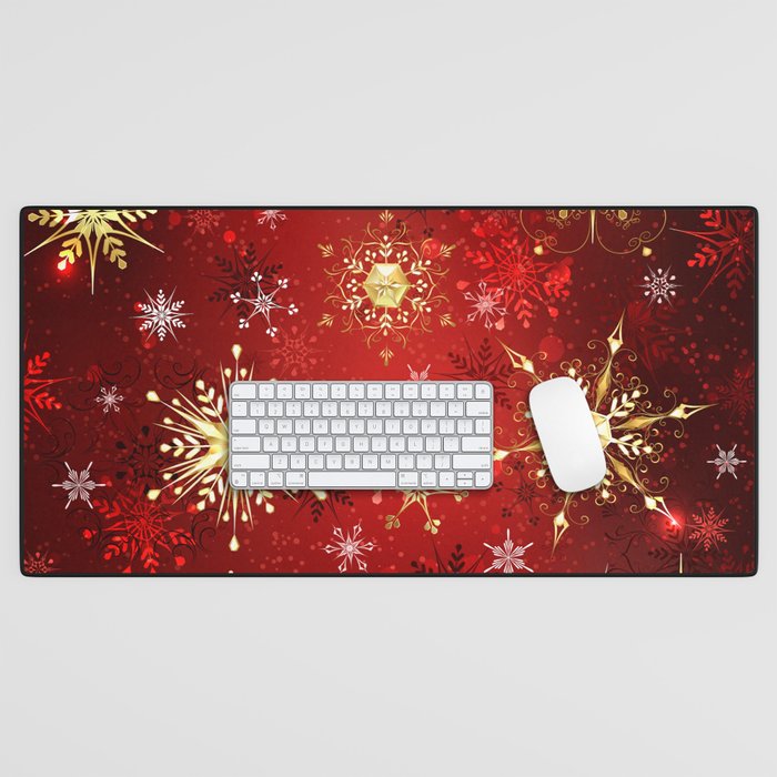 Golden Snowflakes on Red Background Desk Mat