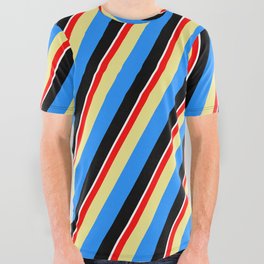[ Thumbnail: Colorful Red, Tan, Blue, Black & White Colored Lined/Striped Pattern All Over Graphic Tee ]