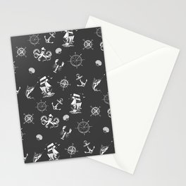 Dark Grey And White Silhouettes Of Vintage Nautical Pattern Stationery Card