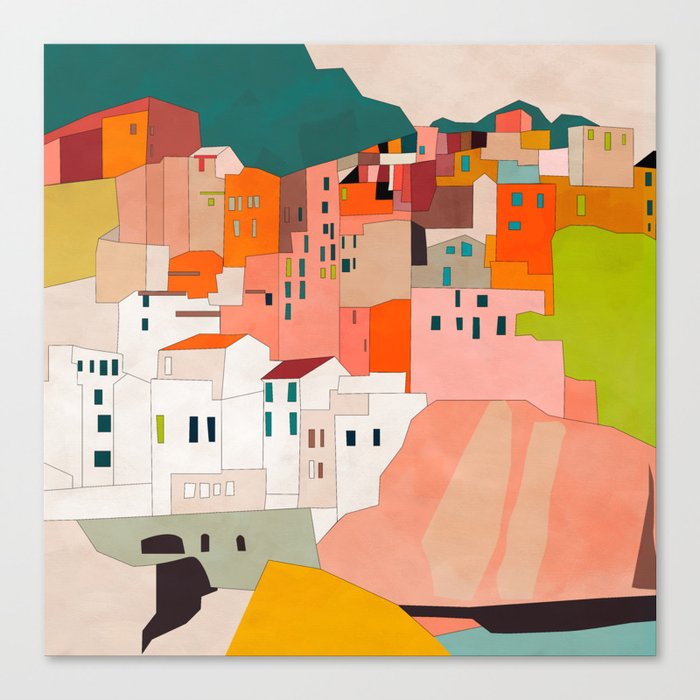 Italy Coast Houses Minimal Abstract Painting Canvas Print By