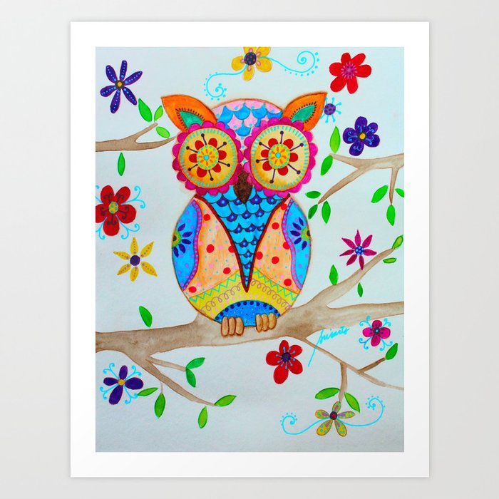 Mexican Folk Art Whimsical Owl Painting Art Print By Prisarts