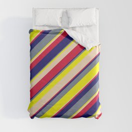 [ Thumbnail: Vibrant Light Slate Gray, Yellow, Bisque, Crimson & Midnight Blue Colored Lines/Stripes Pattern Duvet Cover ]