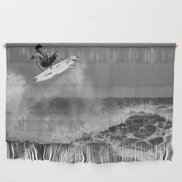 Surf's up; surfer riding the big waves surfing black and white photograph - photography - photographs Wall Hanging