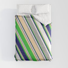 [ Thumbnail: Eyecatching Dark Grey, Tan, Lime Green, Midnight Blue, and White Colored Pattern of Stripes Comforter ]