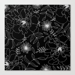 Black Peony Blooms Modern Floral Print in Black and White Canvas Print