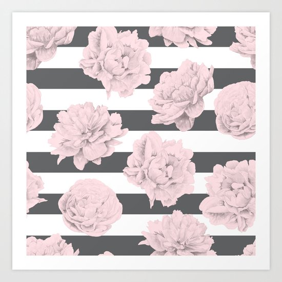 Rose Garden Stripes Pink Flamingo on Storm Gray and White Art Print