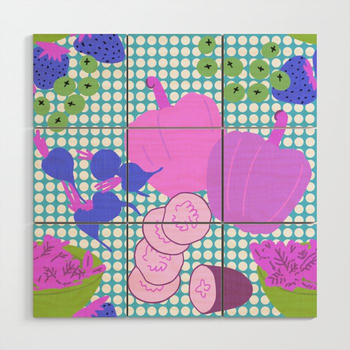 Retro Modern Spring Garden Salad Pink And Purple Wood Wall Art