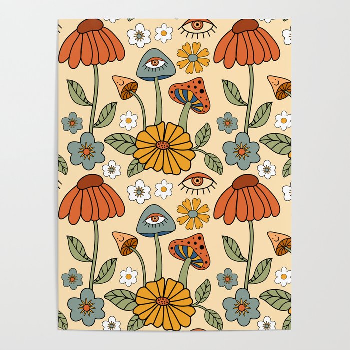 70s Psychedelic Mushrooms & Florals Poster