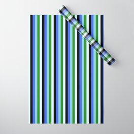 [ Thumbnail: Eyecatching Royal Blue, Sky Blue, Forest Green, Light Cyan, and Black Colored Lines/Stripes Pattern Wrapping Paper ]