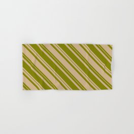 [ Thumbnail: Tan & Green Colored Striped/Lined Pattern Hand & Bath Towel ]