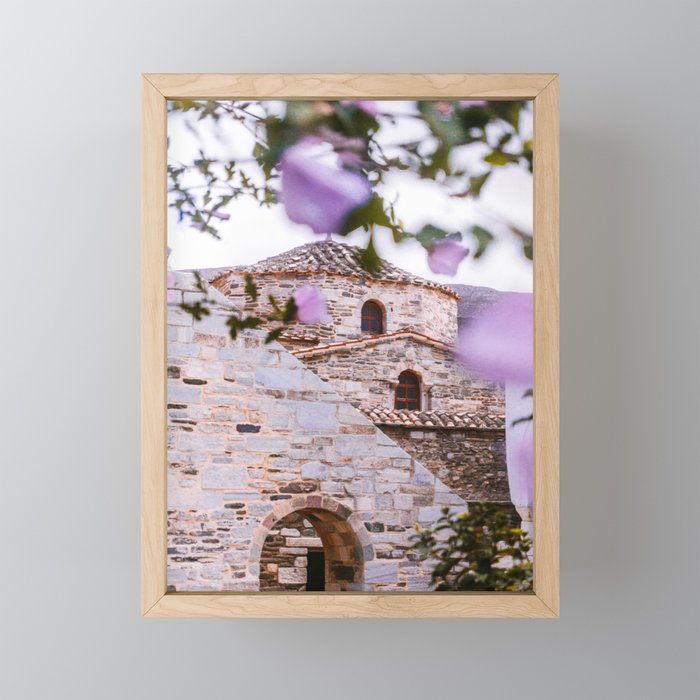 Greek Church through the Flowers | Bright Brick Chapel on the Greece Islands | Travel Photography Fine Art Framed Mini Art Print