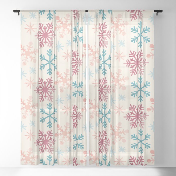 Christmas Pattern Watercolor Snowflake Pink Blue Sheer Curtain
