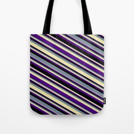 [ Thumbnail: Light Slate Gray, Pale Goldenrod, Indigo, and Black Colored Lined/Striped Pattern Tote Bag ]
