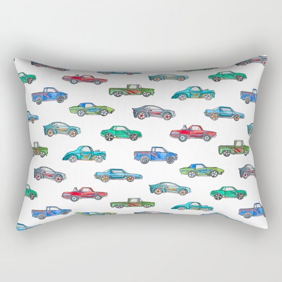Little Toy Cars in Watercolor on White Rectangular Pillow