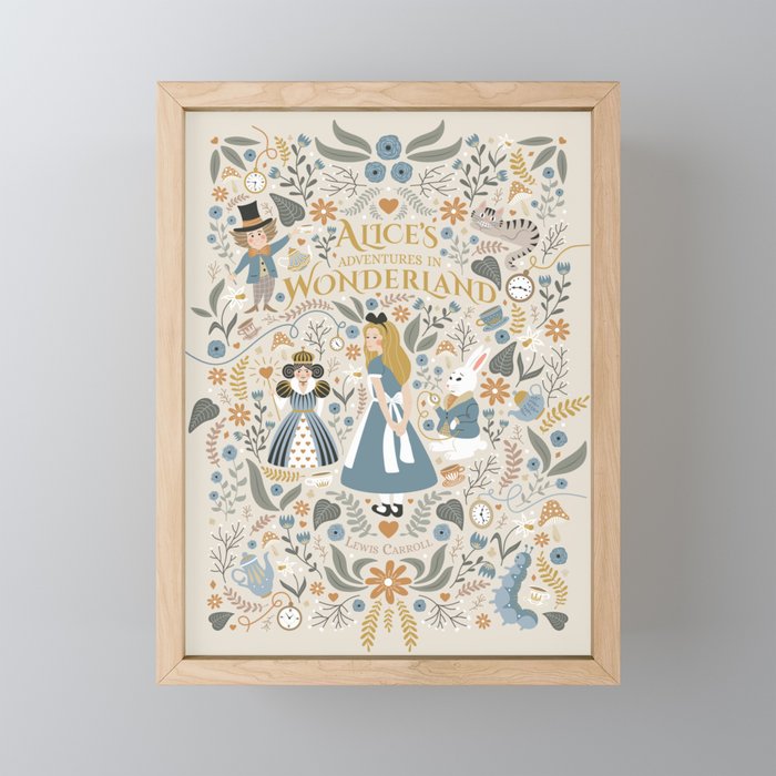 Alice in Wonderland - Beige Framed Mini Art Print | Graphic-design, Alice, Alice-in-wonderland, Fairytail, Illustration, Digital, Tea, Pattern, Queen-of-heart, Heart