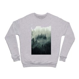 Green misty mountain pine forest in cloudy and rainy - vintage style photo Crewneck Sweatshirt