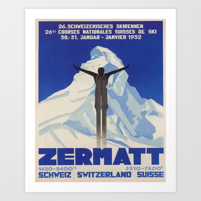 Zermatt, Switzerland Vintage Ski Travel Poster Art Print