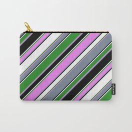 [ Thumbnail: Eye-catching Forest Green, Violet, Light Slate Gray, Black & White Colored Striped/Lined Pattern Carry-All Pouch ]