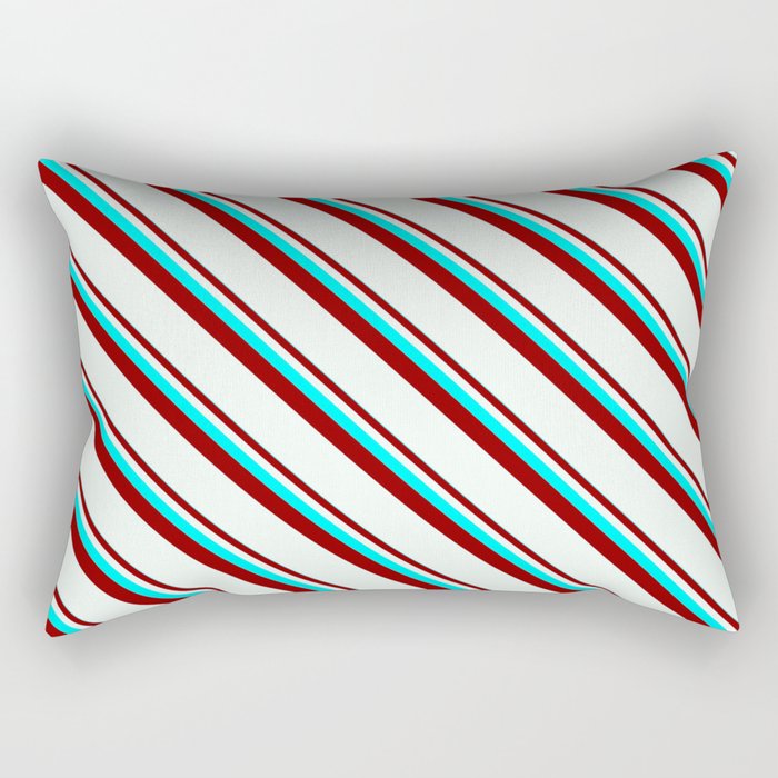 Cyan, Dark Red & Mint Cream Colored Stripes Pattern Rectangular Pillow