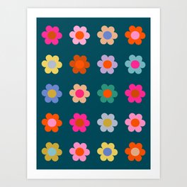 Abstract Colorful Flowers Navy Blue Vintage Floral Art Print