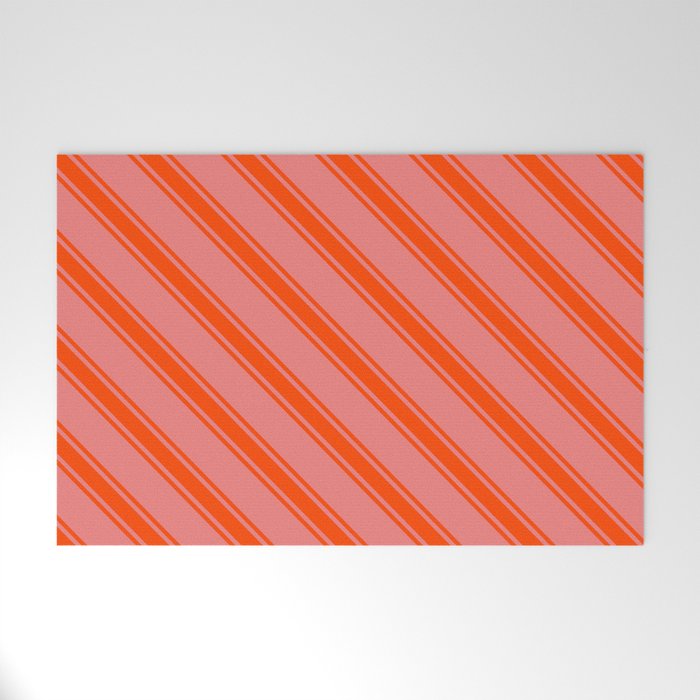 Light Coral and Red Colored Lines/Stripes Pattern Welcome Mat