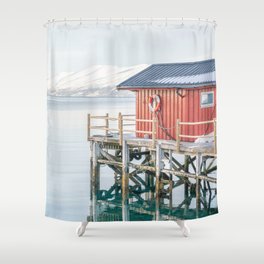 Red Cabin in Norway Photo | Clear Water Lake Art Print | Colorful Winter Landscape Travel Photography Shower Curtain