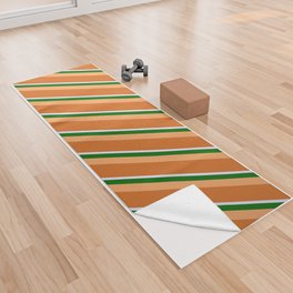[ Thumbnail: Brown, Chocolate, Lavender & Dark Green Colored Stripes/Lines Pattern Yoga Towel ]