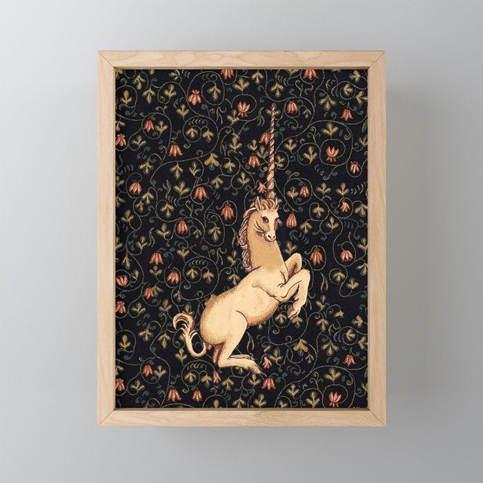 Medieval Unicorn Floral Tapestry Framed Mini Art Print by