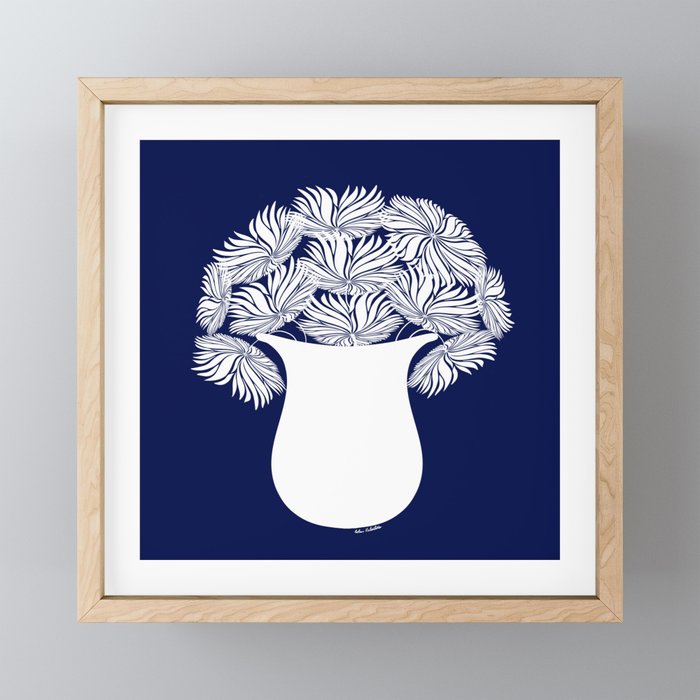 Flower Blooms - White with Blue Background  Framed Mini Art Print