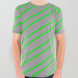 [ Thumbnail: Dark Grey & Lime Colored Stripes Pattern All Over Graphic Tee ]