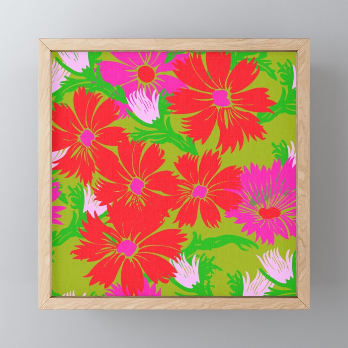 Big Festive Flower Burst Garden Flowers In Red And Pastel Pink On Luxe Green Retro Modern Scandi Maximalist Scandi Bright Holiday Layered Overlay Screenprint Floral Pattern Framed Mini Art Print