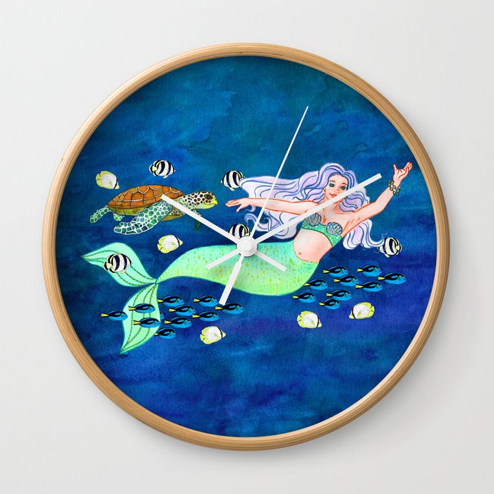 Mermaid with School of Fish and Sea Turtle Wall Clock